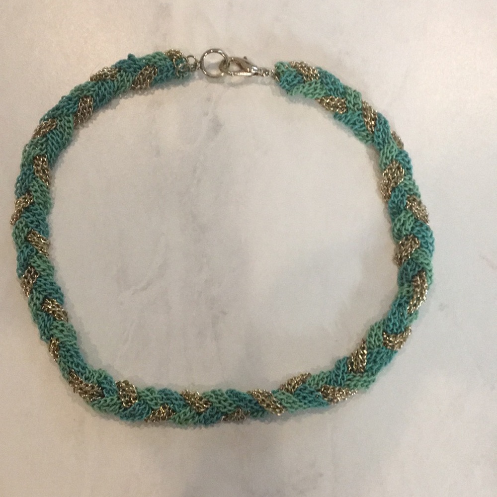 Aqua and gold woven chain necklace